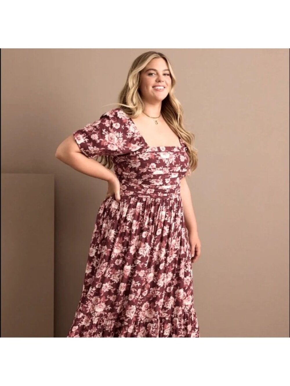 Arula Floral Puff Sleeve Maxi Dress Burgundy Pink Boho